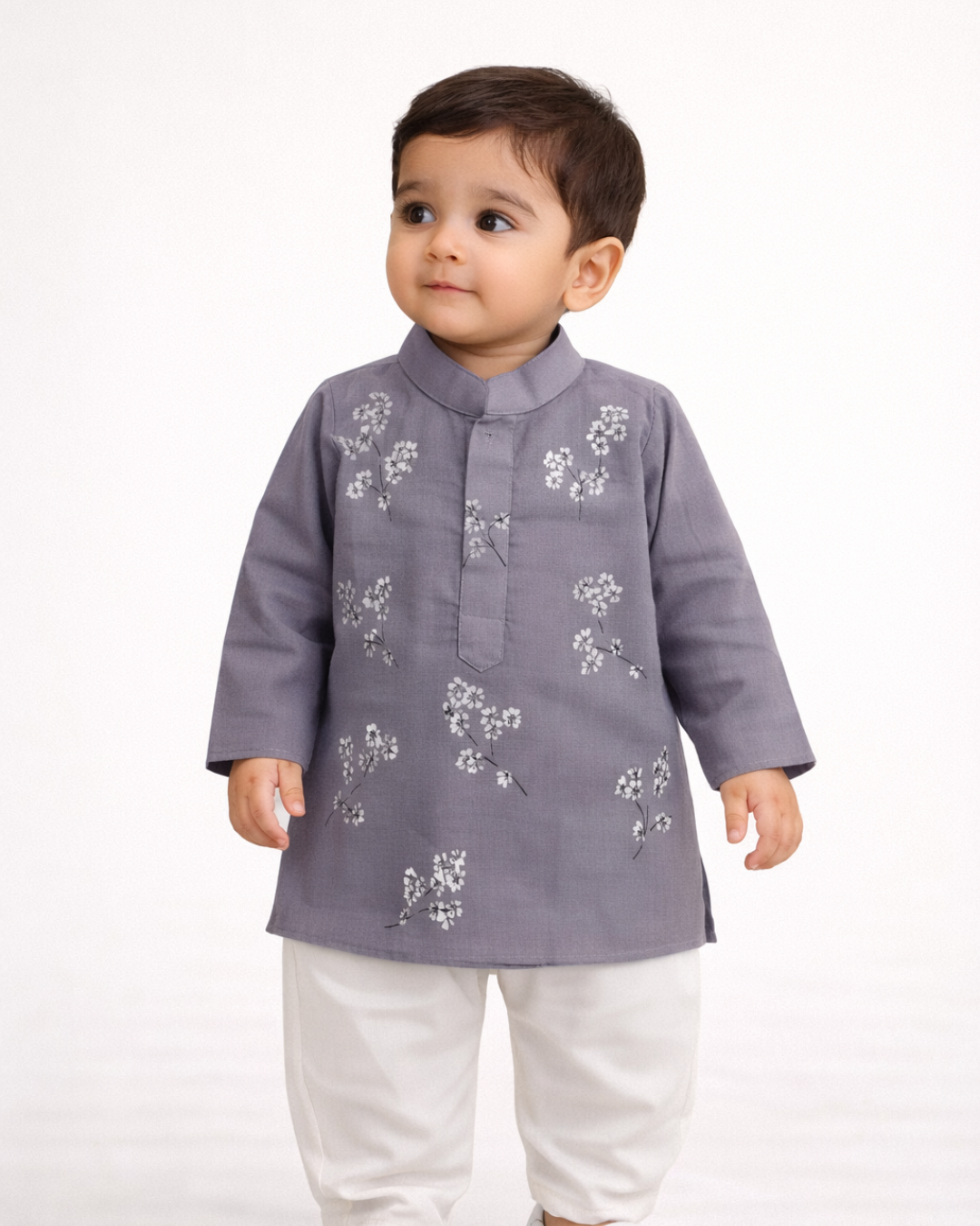Handpainted Grey Floral Kurta Pajama Set