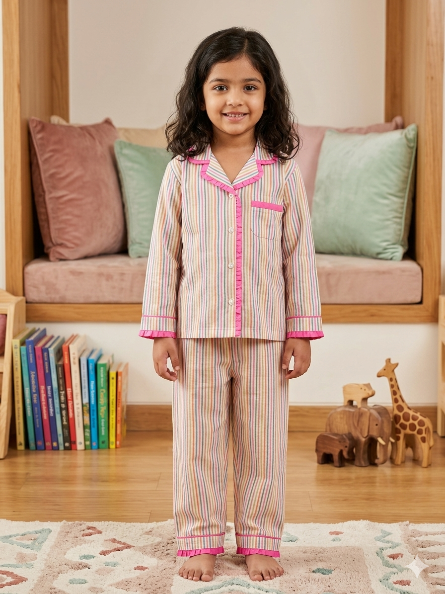Multicolor striped Girls Night Suit