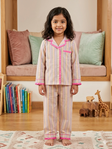 Multicolor striped Girls Night Suit