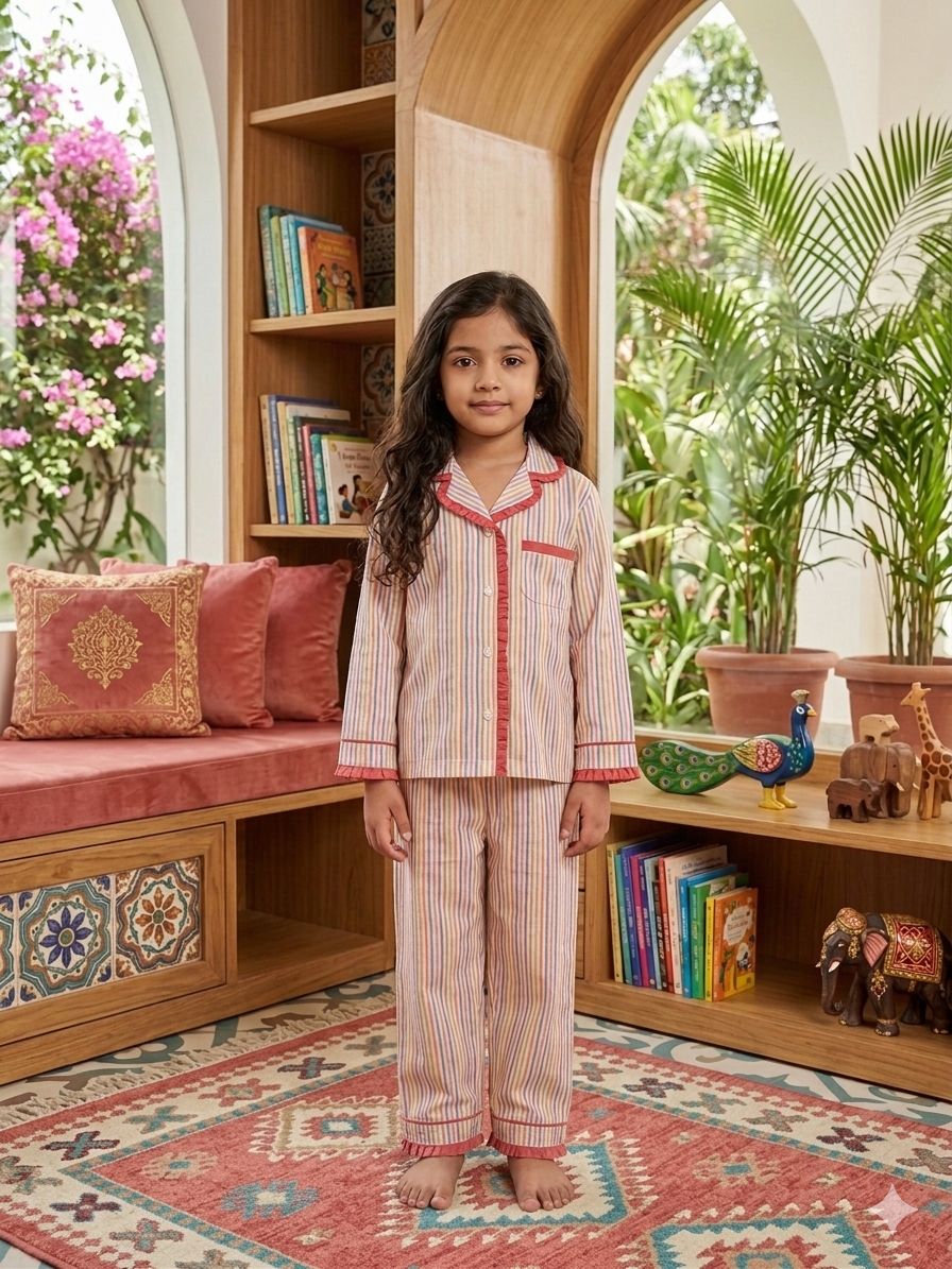 Multicolor striped Girls Night Suit