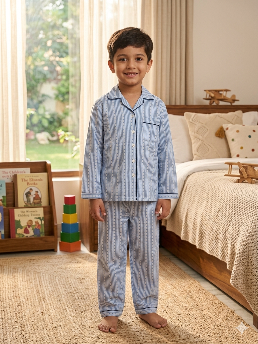Blue Cotton Night Suit- Boys