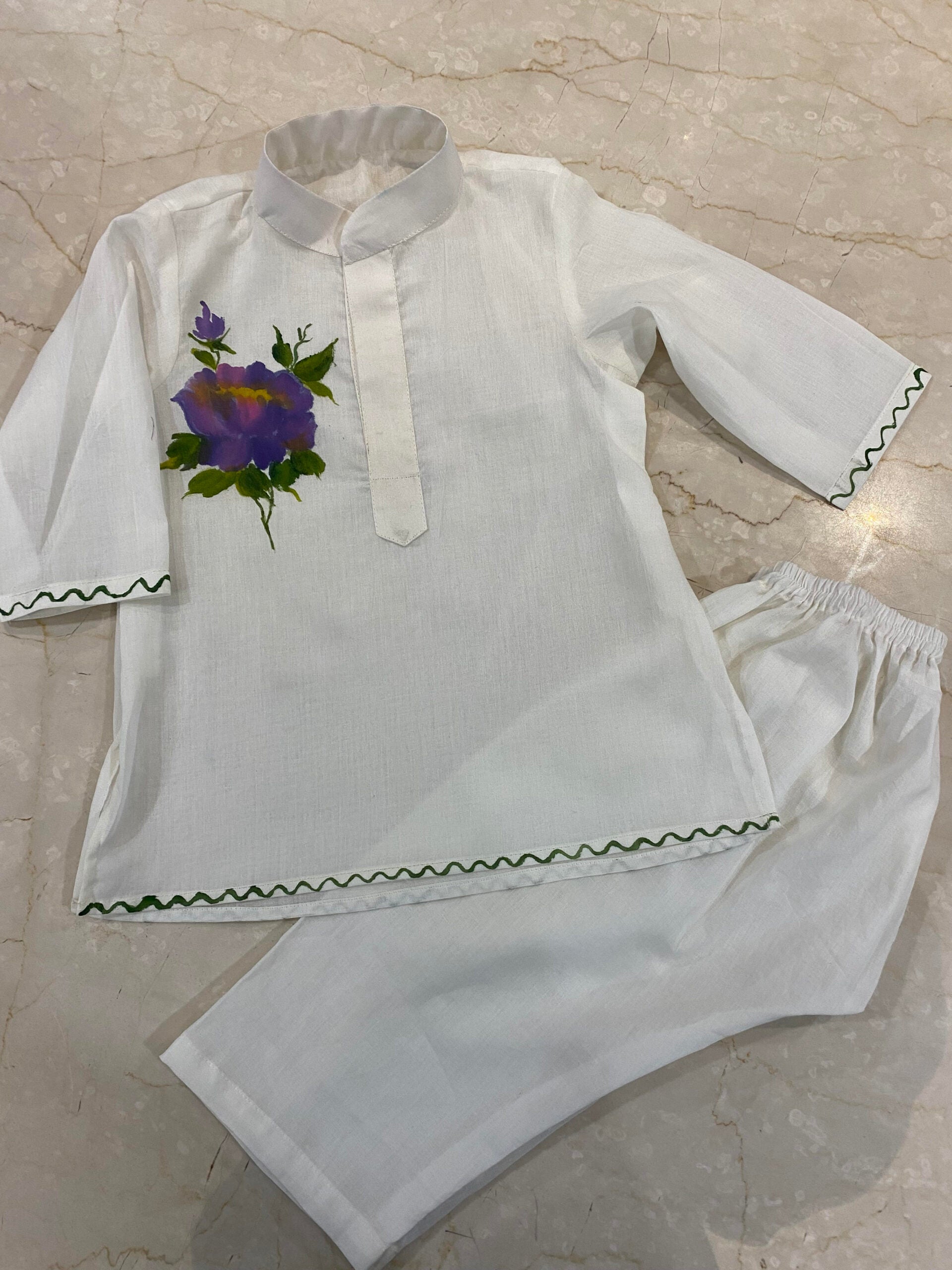 Handpainted White Kurta Pyjama
